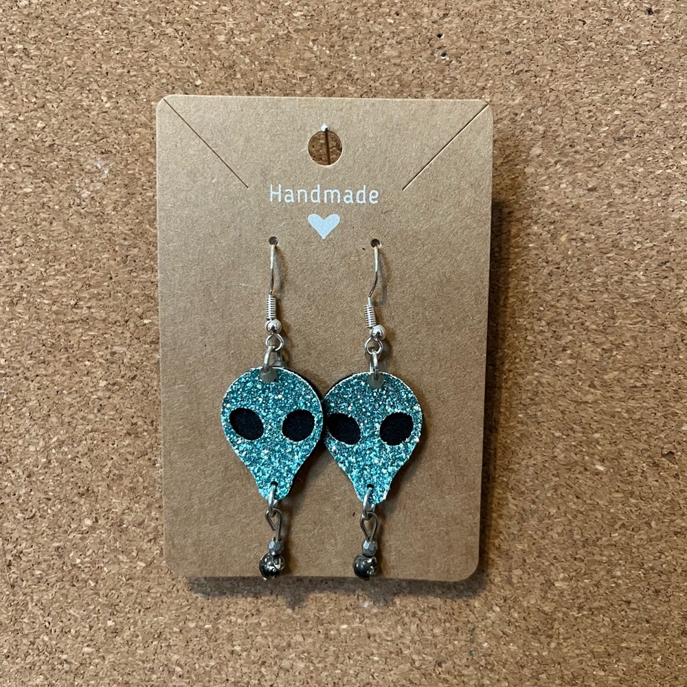 Alien glitter earrings - handmade faux suede